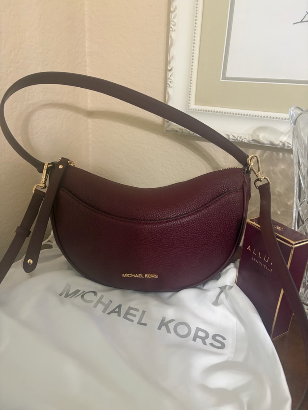 NWOT Michael Kors Wine Pebbled Leather Crescent Shoulder Bag